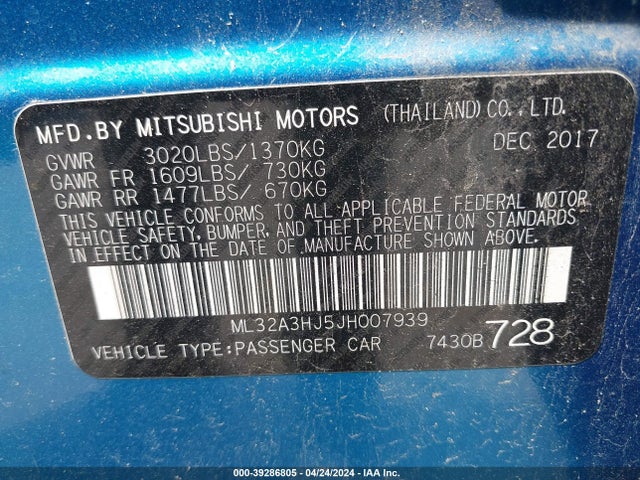 ML32A3HJ5JH007939 Mitsubishi MIRAGE ES