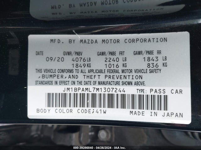 JM1BPAML7M1307244 Mazda Mazda3 Premium