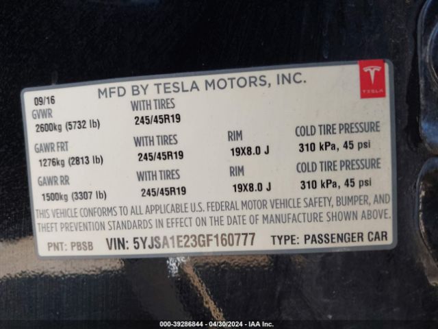 5YJSA1E23GF160777 Tesla Model S 60d/70d/75d/85d/90d