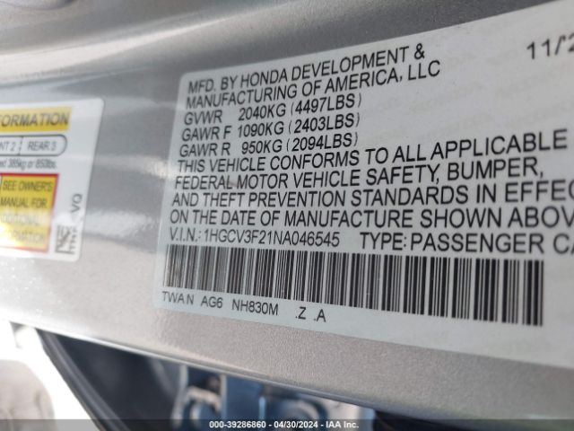 1HGCV3F21NA046545 Honda Accord Hybrid Sport