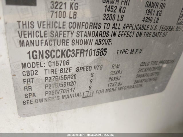 Chevrolet Tahoe Ltz 2015 1GNSCCKC3FR101585 Image 9