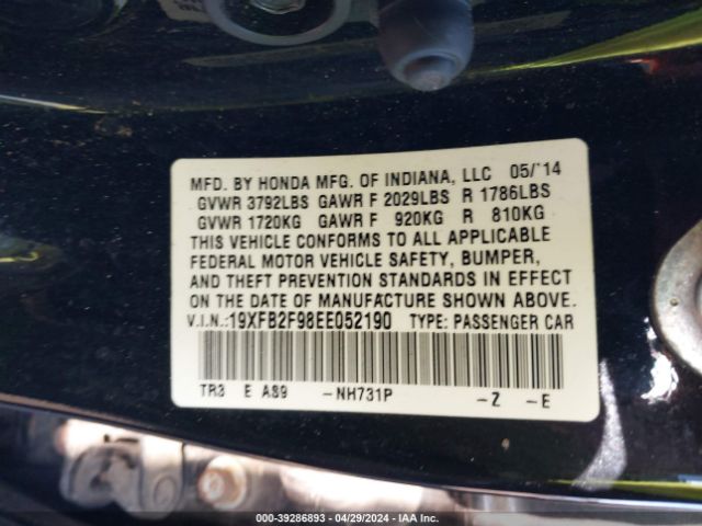 19XFB2F98EE052190 Honda Civic Ex-l