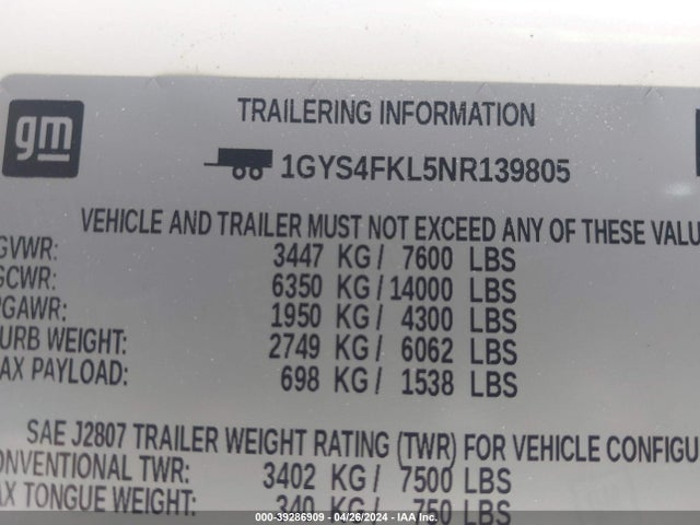 1GYS4FKL5NR139805 Cadillac Escalade 4wd Sport