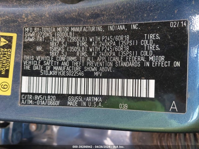 Toyota Highlander Xle V6 2014 5TDJKRFH3ES022546 Image 9