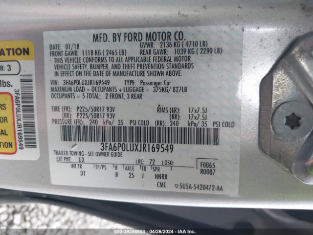 3FA6P0LUXJR169549 Ford Fusion Hybrid Se