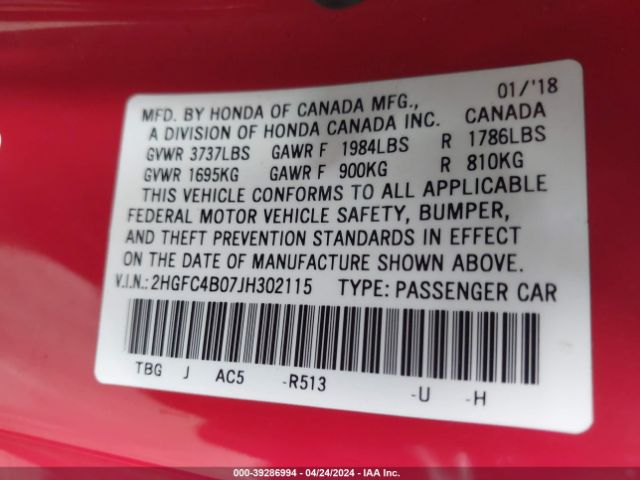 2HGFC4B07JH302115 Honda Civic Lx-p