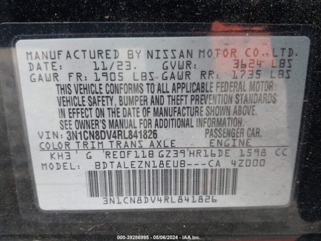 3N1CN8DV4RL841826 Nissan Versa 1.6 S