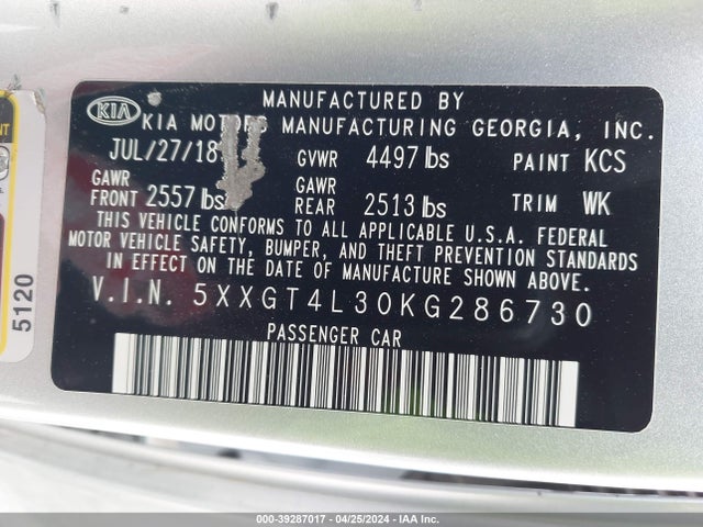 KIA Optima Lx 2019 5XXGT4L30KG286730 Image 9