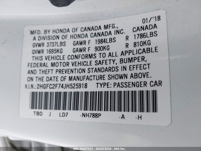 Honda CIVIC EX 2018 2HGFC2F74JH525918 Image 9