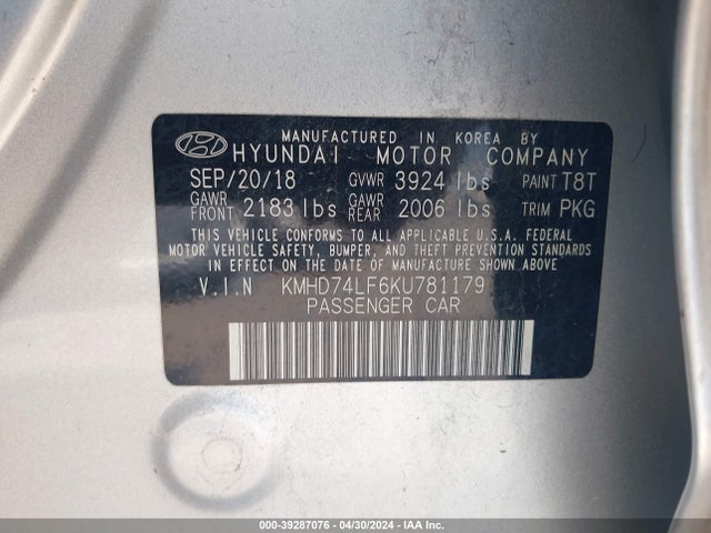 Hyundai ELANTRA SE 2019 KMHD74LF6KU781179 Image 9