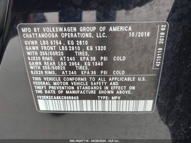 1V2ER2CA8KC505943 Volkswagen Atlas 3.6l V6 Sel