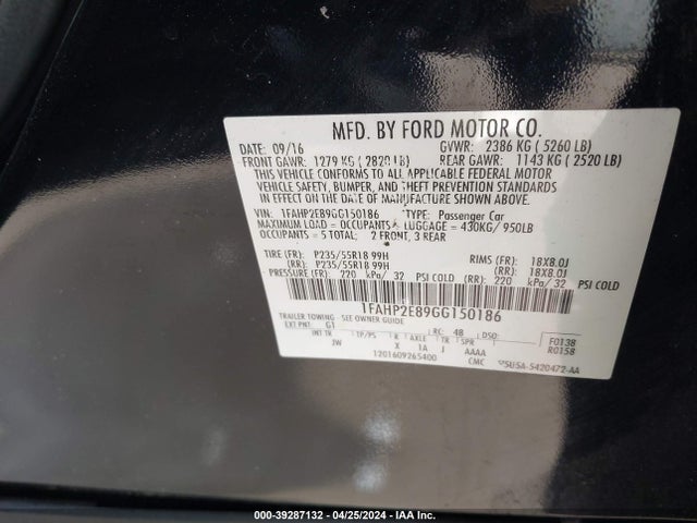 Ford TAURUS SEL 2016 1FAHP2E89GG150186 Image 9