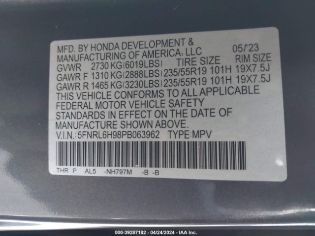 5FNRL6H98PB063962 Honda Odyssey Elite