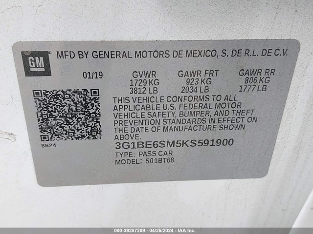 Chevrolet CRUZE LT 2019 3G1BE6SM5KS591900 Image 9