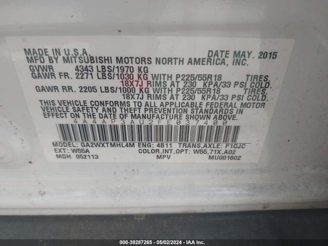 4A4AP3AU2FE037400 Mitsubishi Outlander Sport Es