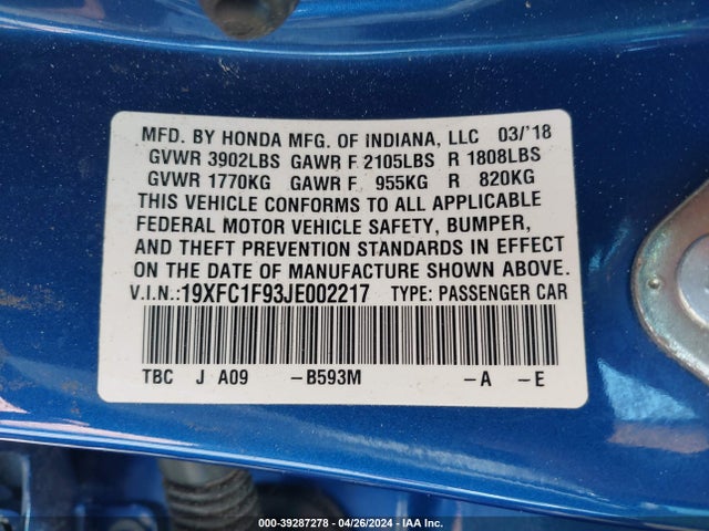 Honda Civic Touring 2018 19XFC1F93JE002217 Image 9