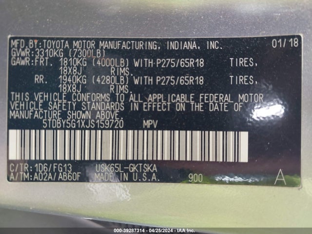 Toyota Sequoia Sr5 2018 5TDBY5G1XJS159720 Image 9