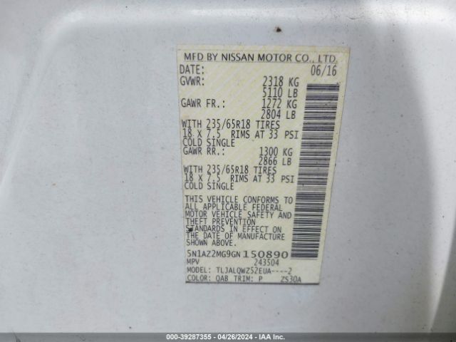 5N1AZ2MG9GN150890 Nissan MURANO SV