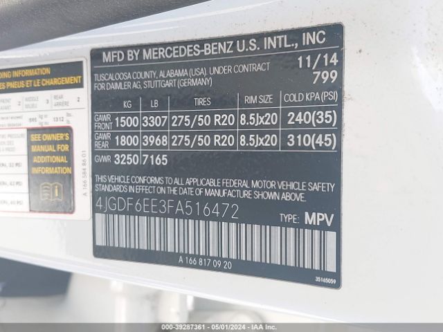 4JGDF6EE3FA516472 Mercedes-Benz Gl 450 4matic
