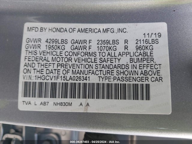 Honda ACCORD LX 2020 1HGCV1F15LA026341 Image 9