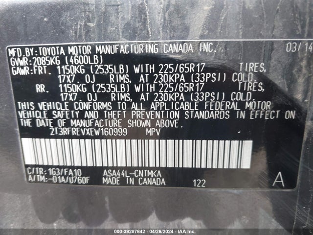 Toyota Rav4 Xle 2014 2T3RFREVXEW160999 Image 9