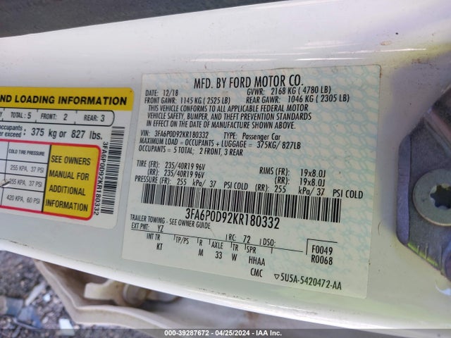 Ford Fusion Titanium 2019 3FA6P0D92KR180332 Image 9