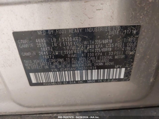 Subaru Outback 2.5i Limited 2017 4S4BSANC7H3302838 Image 9