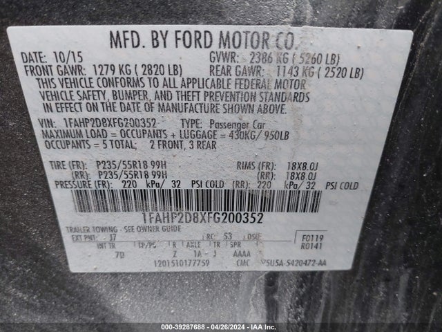 Ford TAURUS SE 2015 1FAHP2D8XFG200352 Image 9