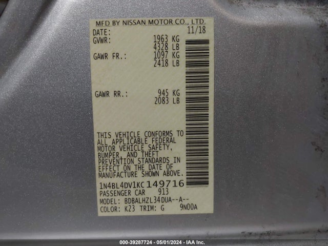 Nissan Altima 2.5 Sv 2019 1N4BL4DV1KC149716 Image 9