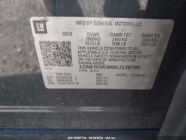 Chevrolet Traverse 1lt 2019 1GNERGKW6KJ138796 Image 9