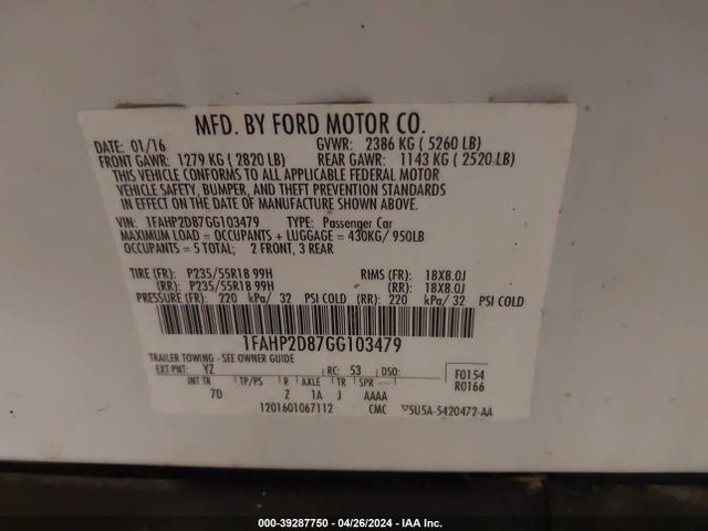 Ford TAURUS SE 2016 1FAHP2D87GG103479 Image 9