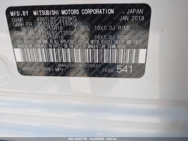 JA4AZ3A37KZ036040 Mitsubishi Outlander Sel