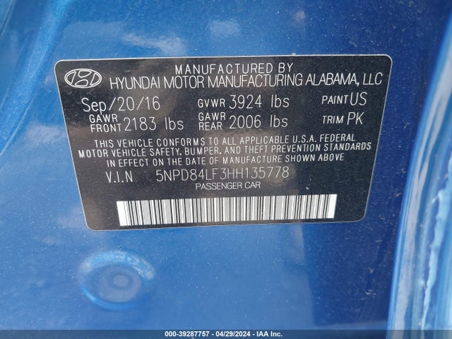 Hyundai ELANTRA SE 2017 5NPD84LF3HH135778 Image 9