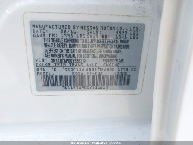 3N1AB7AP0GY336219 Nissan SENTRA S
