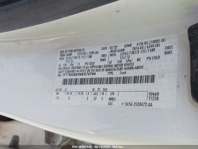 Ford F-250 Xl 2022 1FT7W2B65NED76794 Image 9