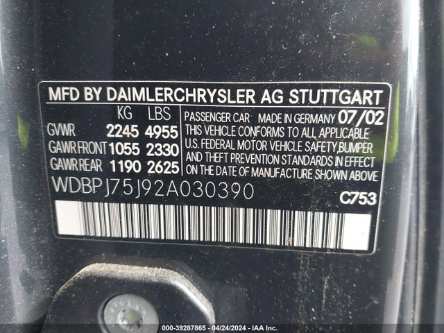 39287865 :رقم المزاد ، WDBPJ75J92A030390 vin ، 2002 Mercedes-benz Cl 500 مزاد بيع