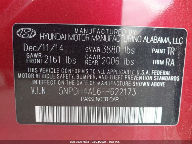 5NPDH4AE6FH622173 Hyundai ELANTRA SE