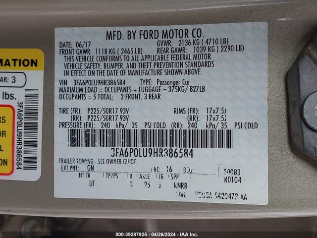 Ford Fusion Hybrid Se 2017 3FA6P0LU9HR386584 Image 9