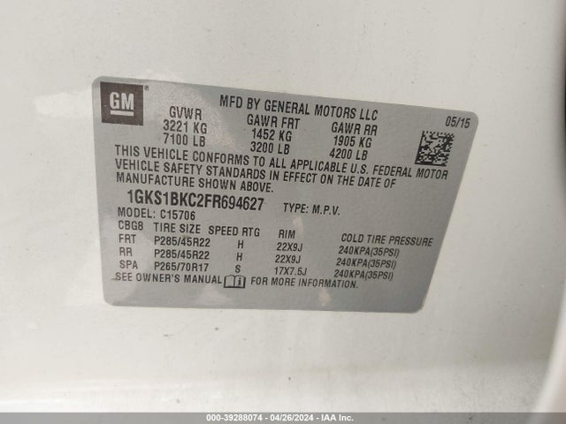 GMC YUKON SLT 2015 1GKS1BKC2FR694627 Image 9