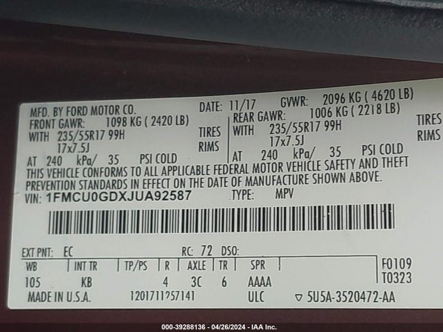 Ford ESCAPE SE 2018 1FMCU0GDXJUA92587 Image 9