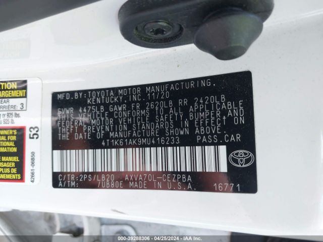 4T1K61AK9MU416233 Toyota CAMRY XSE