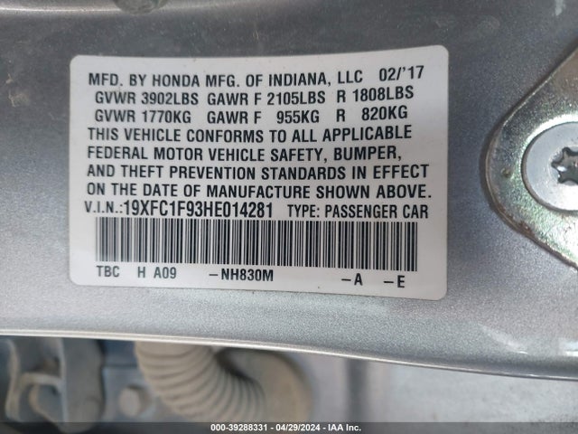 Honda Civic Touring 2017 19XFC1F93HE014281 Image 9