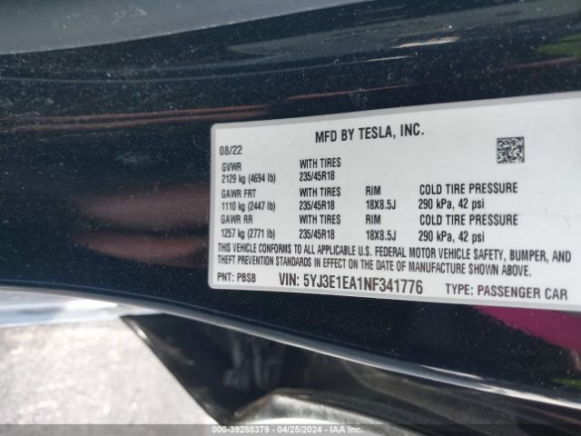 5YJ3E1EA1NF341776 Tesla Model 3 Rear-wheel Drive