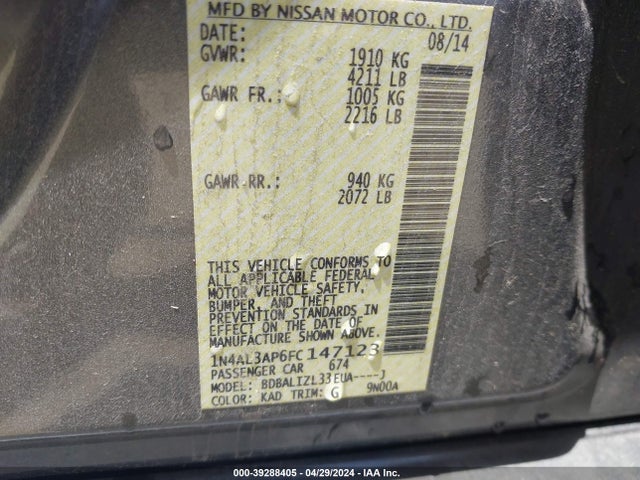 Nissan Altima 2.5 Sv 2015 1N4AL3AP6FC147123 Image 9