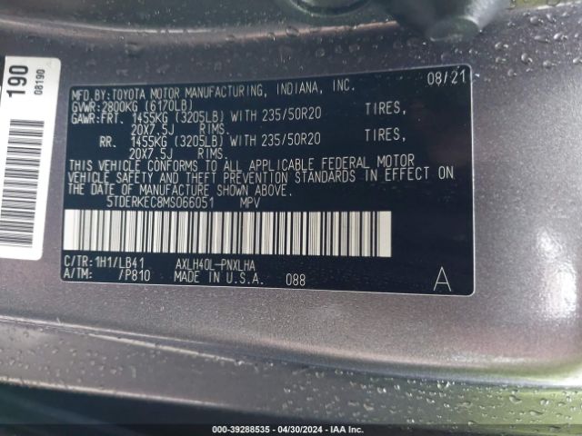5TDERKEC8MS066051 Toyota Sienna Platinum