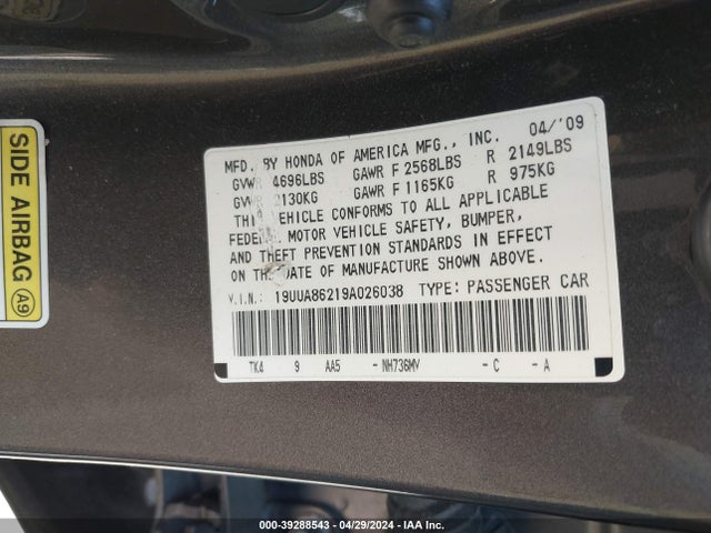 39288543 :رقم المزاد ، 19UUA86219A026038 vin ، 2009 Acura Tl 3.5 مزاد بيع