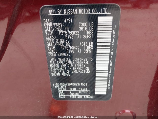 Nissan Armada Platinum 2wd 2021 JN8AY2DA0M9374559 Image 9