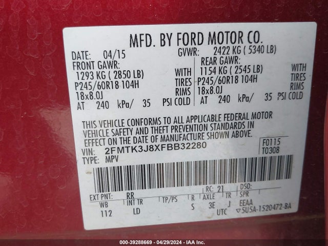 Ford EDGE SEL 2015 2FMTK3J8XFBB32280 Image 9