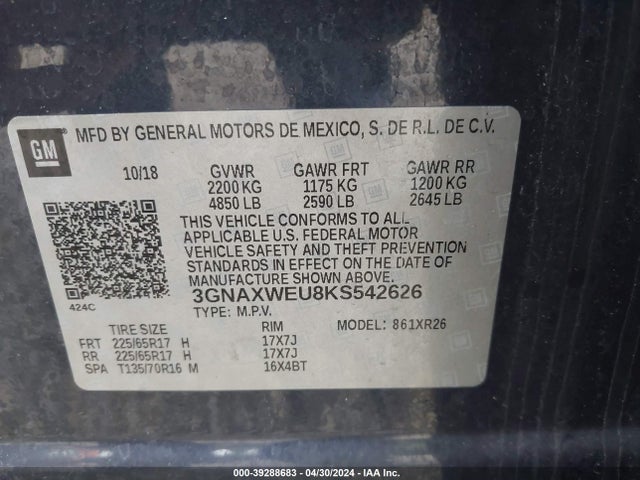 Chevrolet EQUINOX LT 2019 3GNAXWEU8KS542626 Image 9