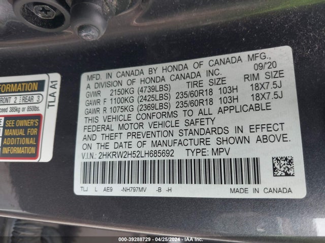Honda Cr-v Awd Ex 2020 2HKRW2H52LH685692 Image 9